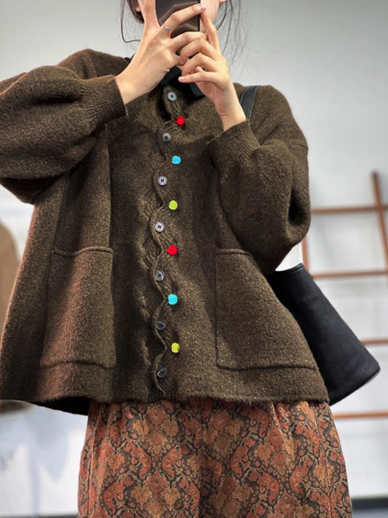 Women Multicolor Block Long Sleeve Comfy Vintage Cardigan