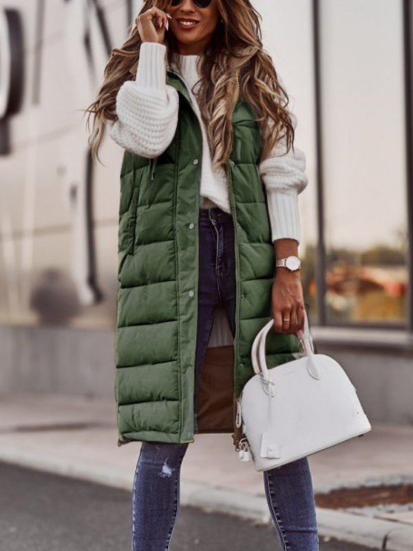 Zipper Plain Elegant Cotton Coat Solid Color Hooded Single-breasted Mid-length Cotton Vest Slim Fit Temperament Cardigan Jacket Top