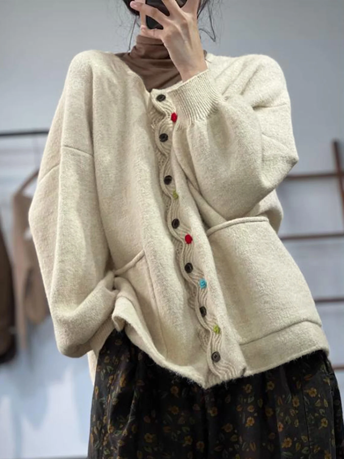 Women Multicolor Block Long Sleeve Comfy Vintage Cardigan