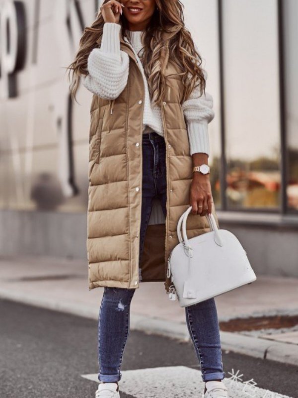 Zipper Plain Elegant Cotton Coat Solid Color Hooded Single-breasted Mid-length Cotton Vest Slim Fit Temperament Cardigan Jacket Top