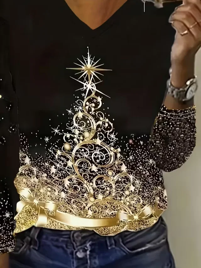 Casual Christmas V Neck Long Sleeve T-shirt