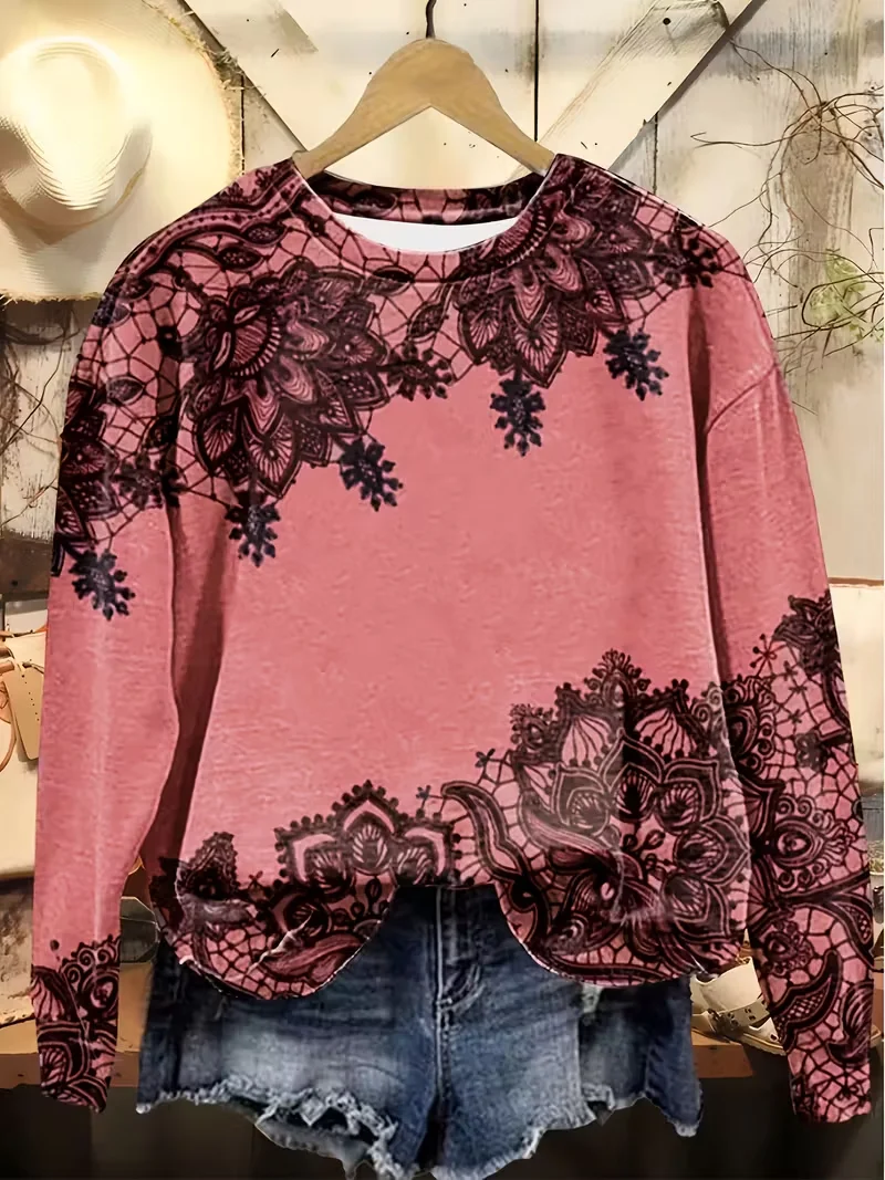 Casual Crew Neck Floral Sweatshirt Printing
