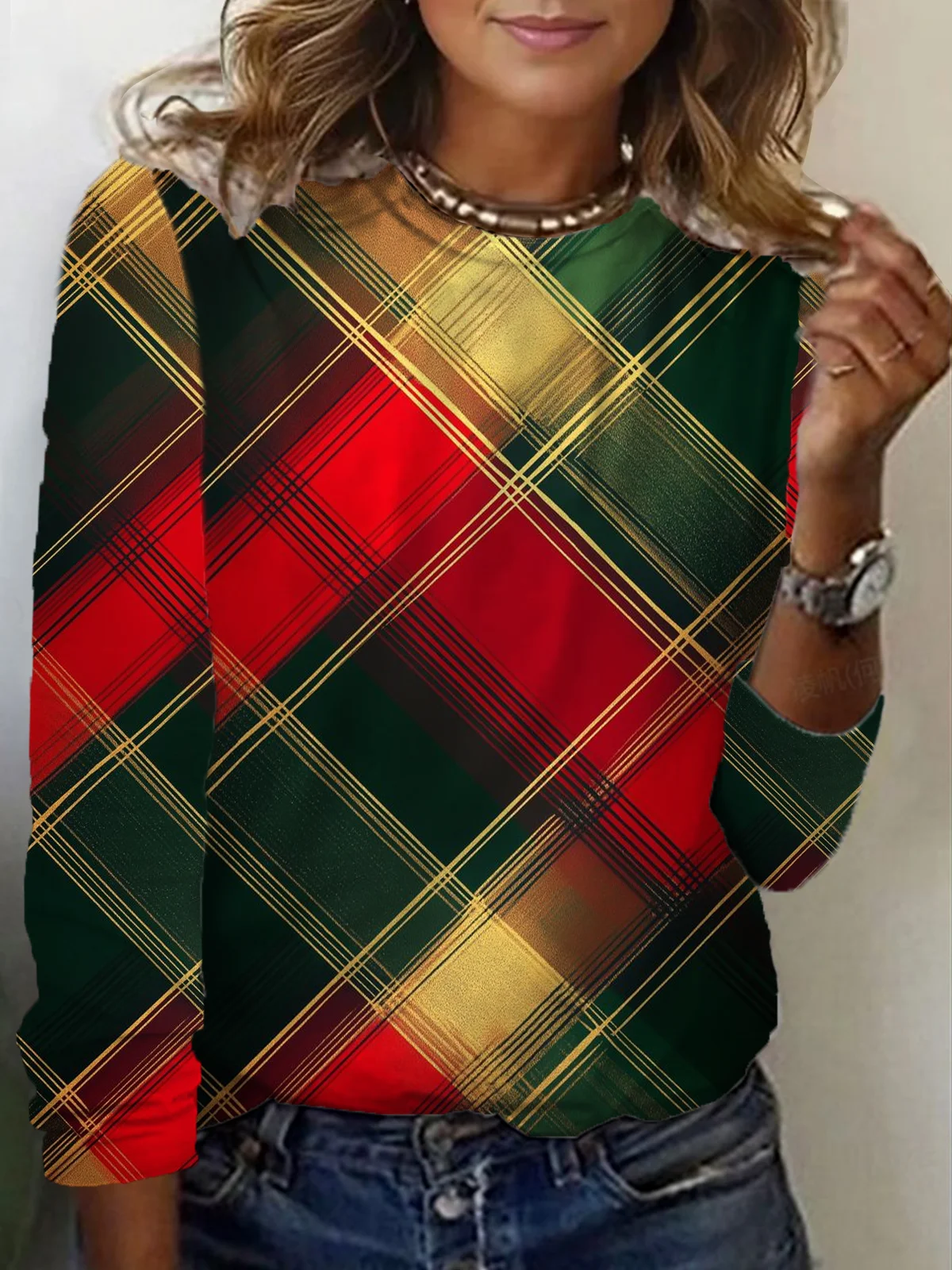 Casual Plaid Crew Neck Long Sleeve T-shirt