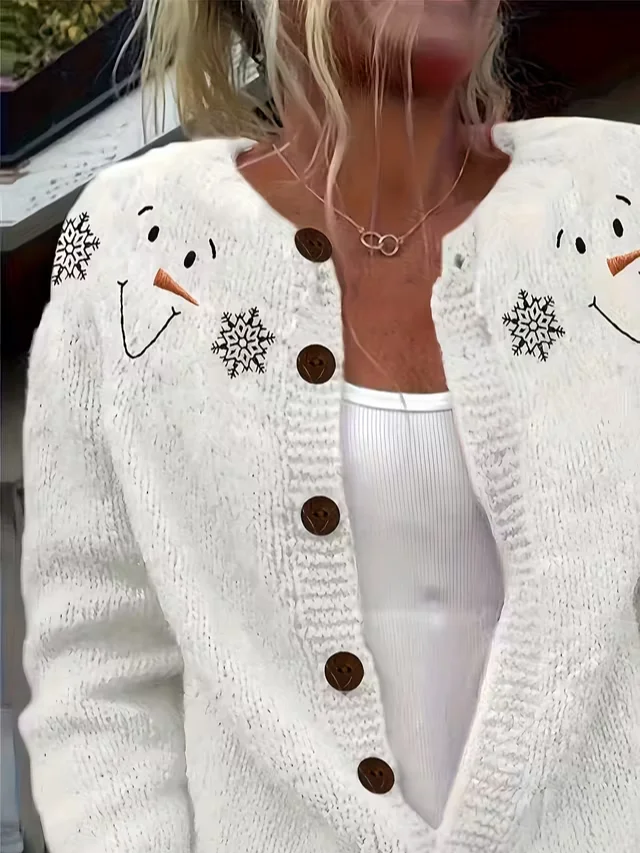 Women Christmas Snowman Long Sleeve Comfy Vintage Printing Cardigan
