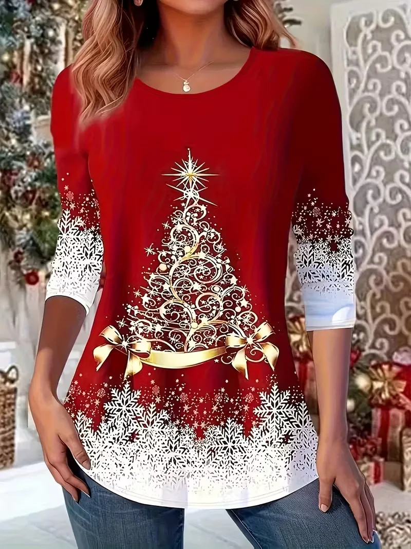 Casual Christmas Crew Neck Long Sleeve T-shirt