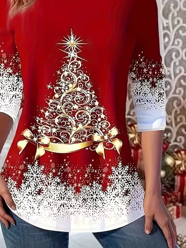 Casual Christmas Crew Neck Long Sleeve T-shirt