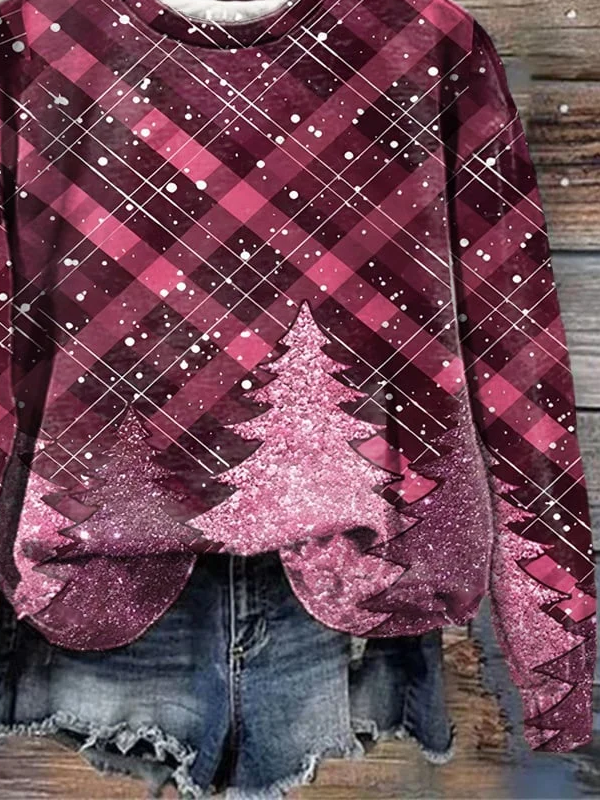 Casual Crew Neck Plaid Sweatshirt Printing