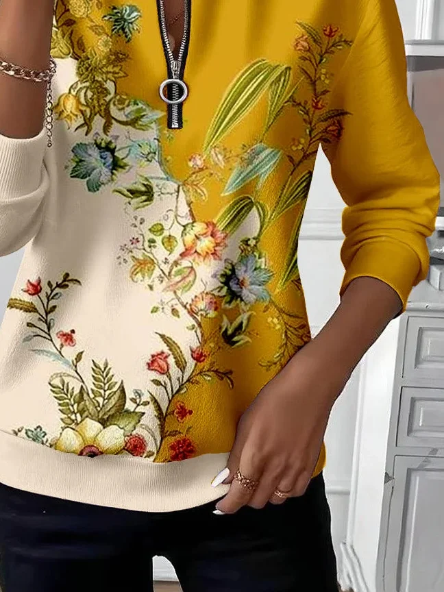 Casual Crew Neck Floral Sweatshirt Printing