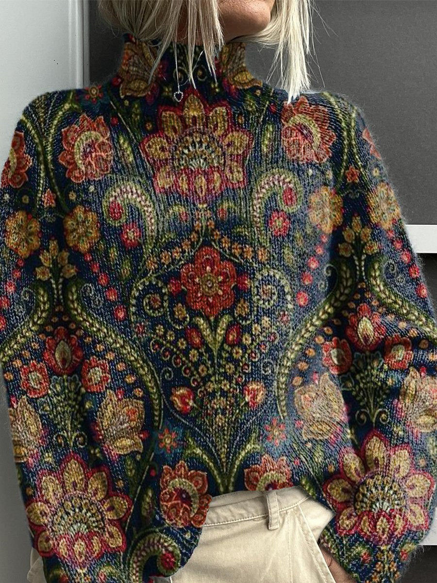 Women Floral Long Sleeve Comfy Vintage Printing Sweater