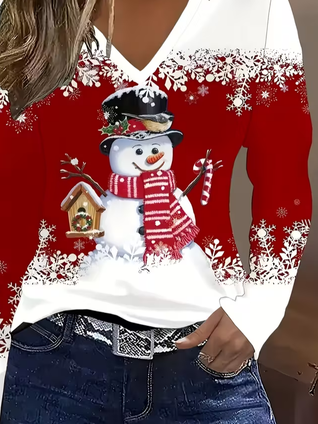 Casual Christmas Snowman V Neck Long Sleeve T-shirt