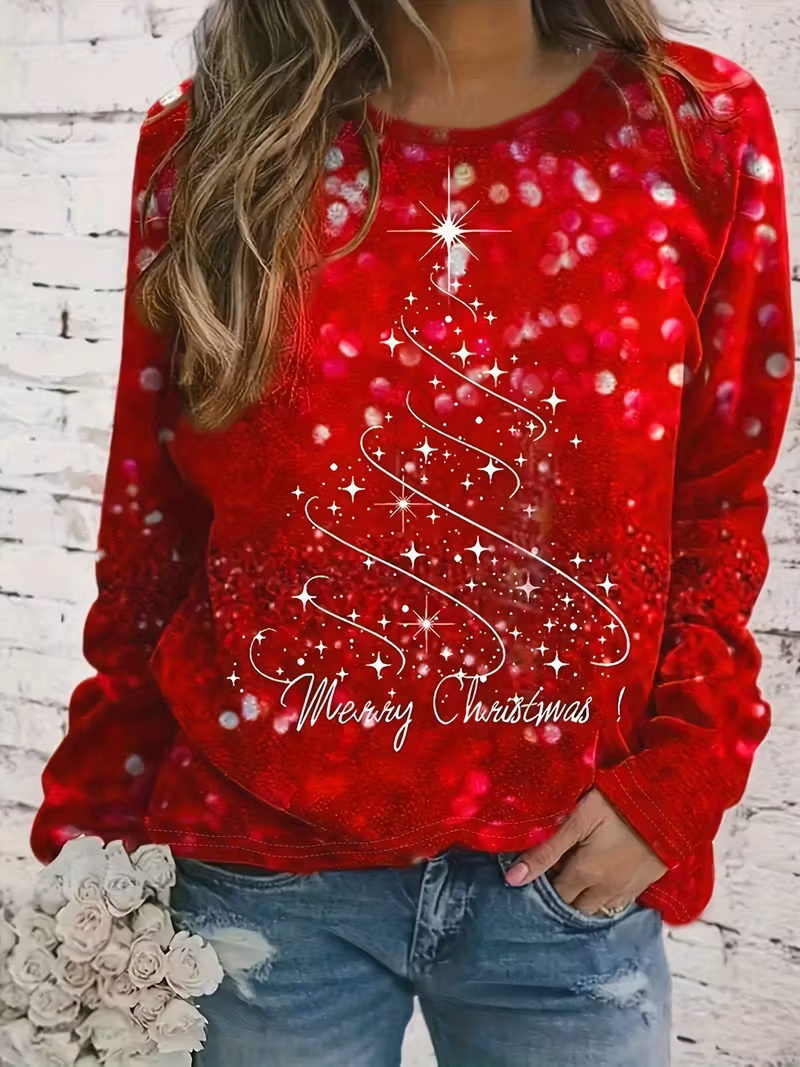 Casual Christmas Crew Neck Long Sleeve T-shirt