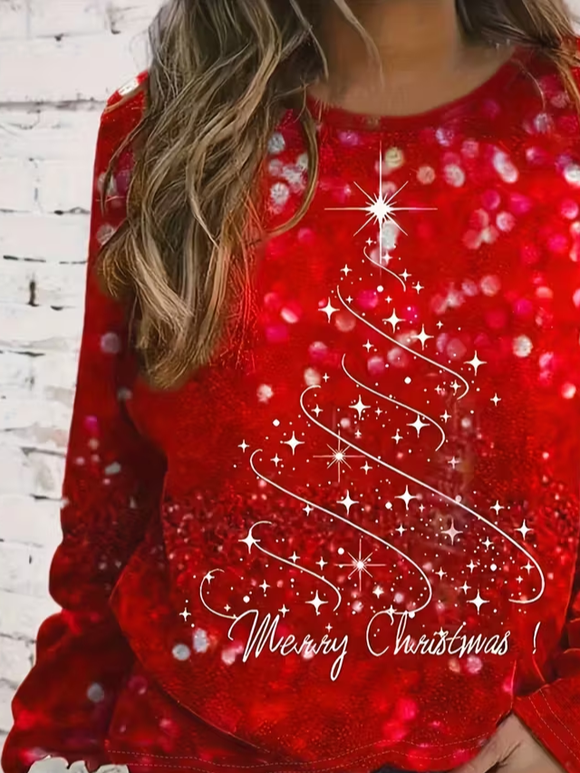 Casual Christmas Crew Neck Long Sleeve T-shirt