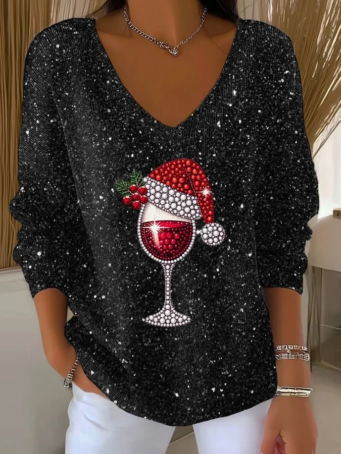 Women's Wine Glass Christmas Hat Print V-Neck Sweater