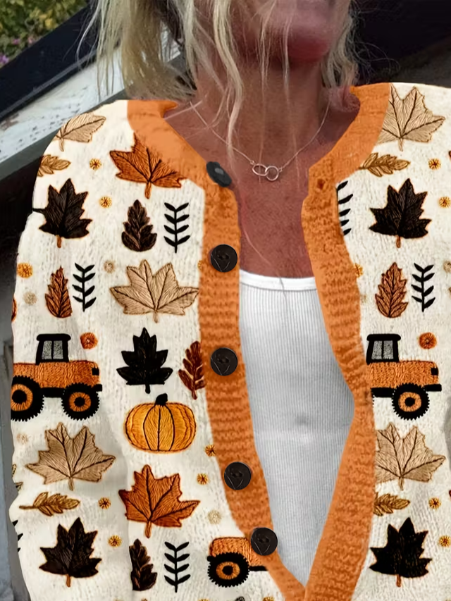 Women Maple Leaf Long Sleeve Comfy Vintage Printing Cardigan