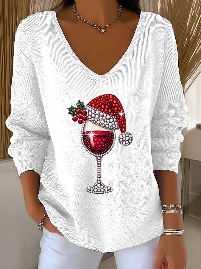 Women's Wine Glass Christmas Hat Print V-Neck Sweater