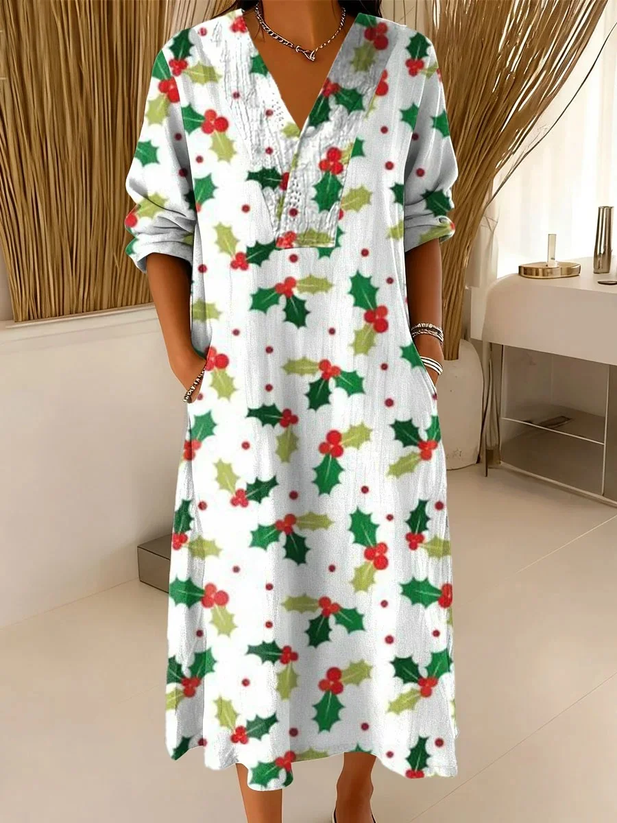 Women Christmas Spring/Fall Dress V Neck Long Sleeve A-Line Dress