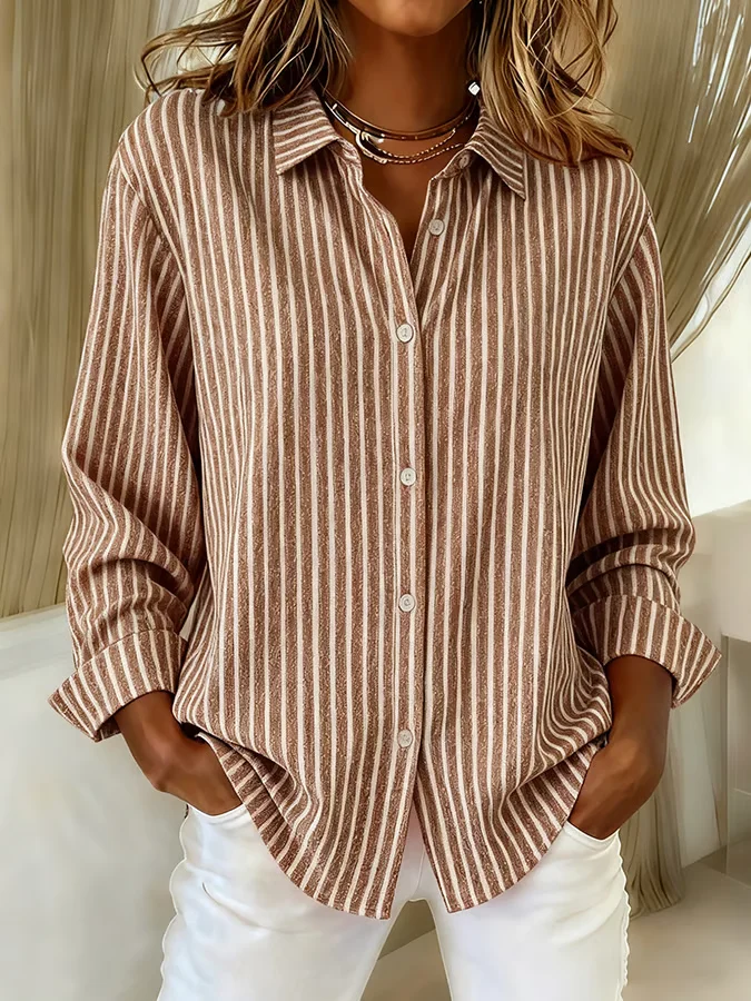 Shirt Collar Regular Sleeve Long Sleeve Striped Buckle Regular Loose Button Up Shirt Shirt For Women