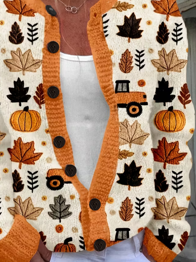 Women Maple Leaf Long Sleeve Comfy Vintage Printing Cardigan