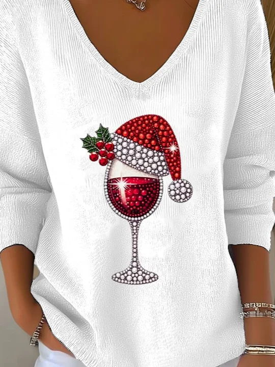 Women's Wine Glass Christmas Hat Print V-Neck Sweater