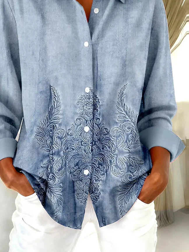 Shirt Collar Regular Sleeve Long Sleeve Floral Buckle Regular Loose Button Up Shirt Shirt For Women