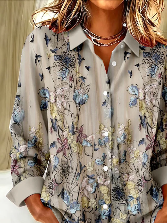 Shirt Collar Regular Sleeve Long Sleeve Floral Buckle Regular Loose Button Up Shirt Shirt For Women