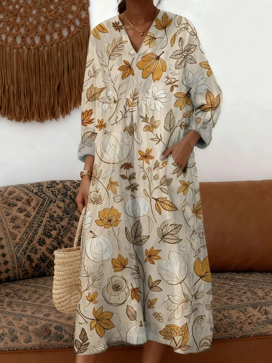 Women Geometric Spring/Fall Dress V Neck Long Sleeve A-Line Dress