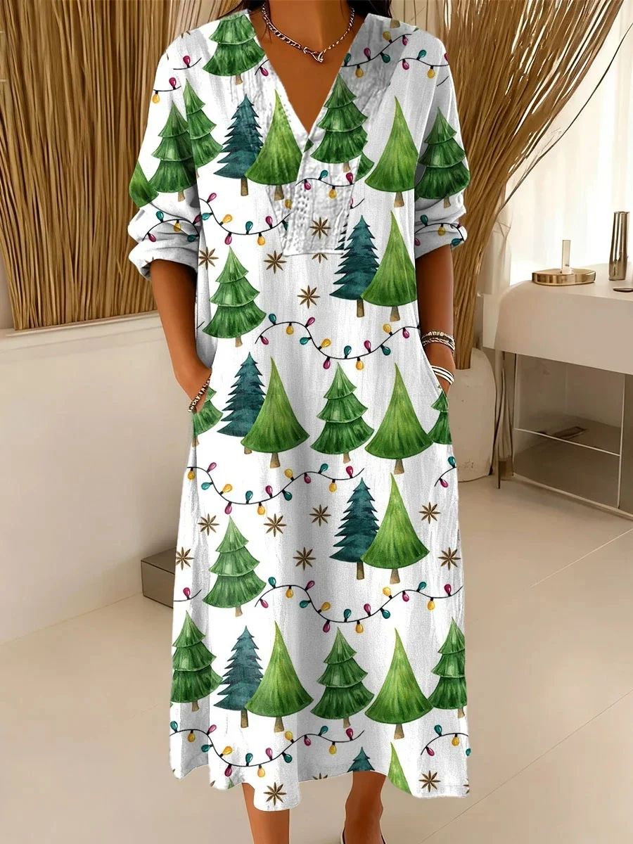Women Christmas Spring/Fall Dress V Neck Long Sleeve A-Line Dress