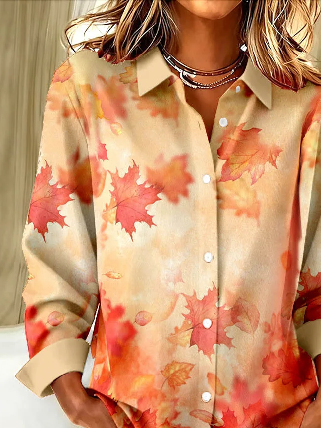 Shirt Collar Regular Sleeve Long Sleeve Maple Leaf Buckle Regular Loose Button Up Shirt Shirt For Women
