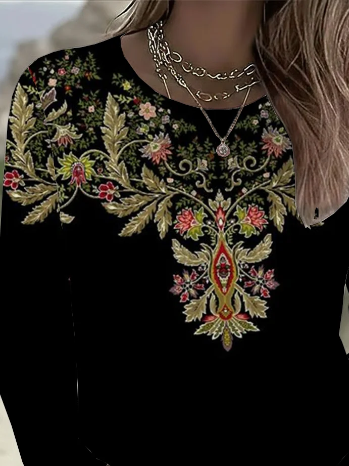 Casual Floral Crew Neck Long Sleeve T-shirt