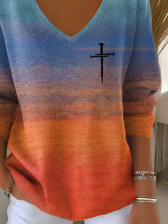 Casual Abstract V Neck Long Sleeve T-shirt