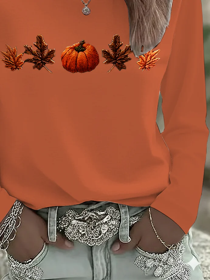 Casual Maple Leaf Crew Neck Long Sleeve T-shirt