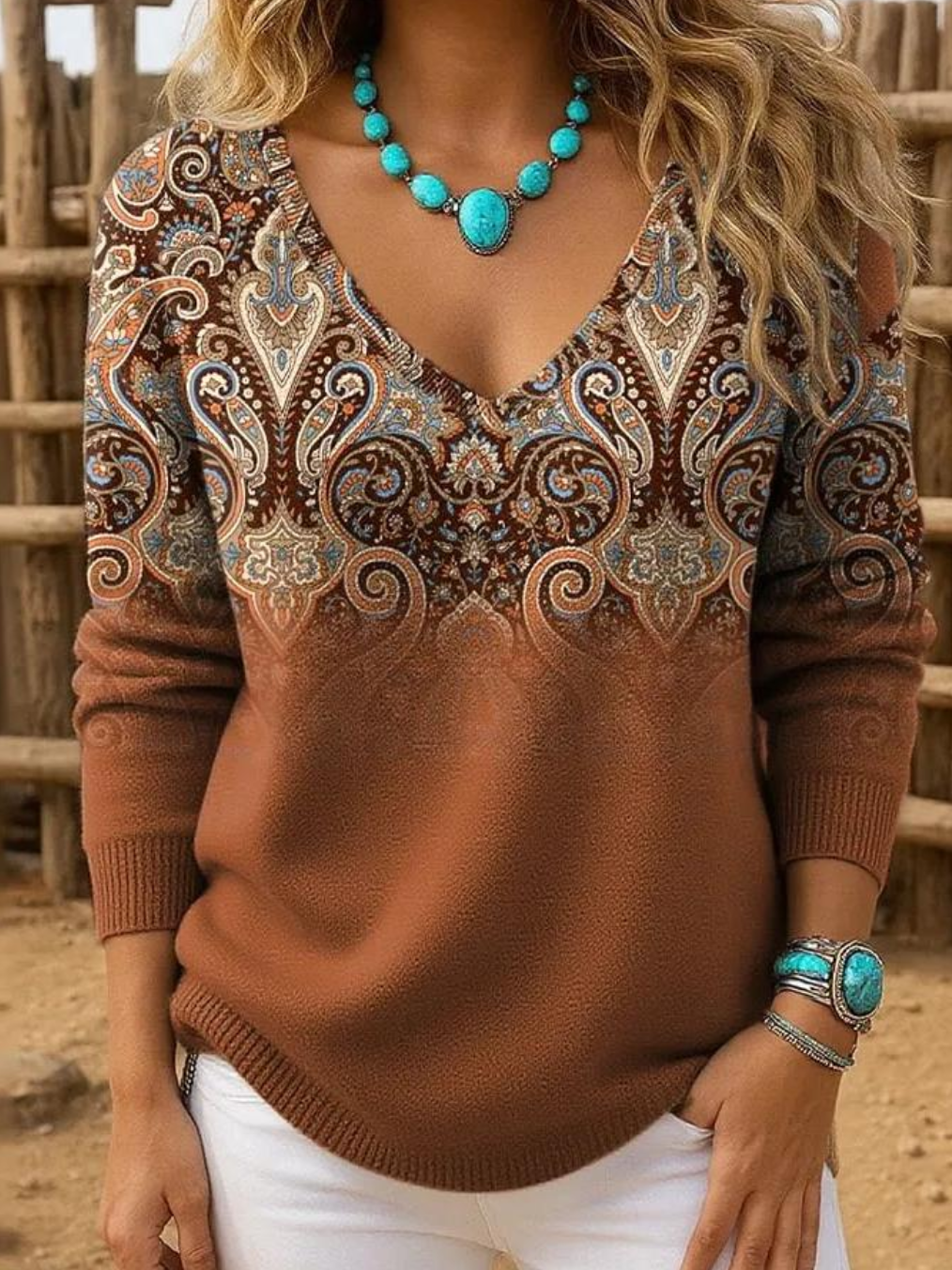 Wild West V Neck Loose Simple Knit Top
