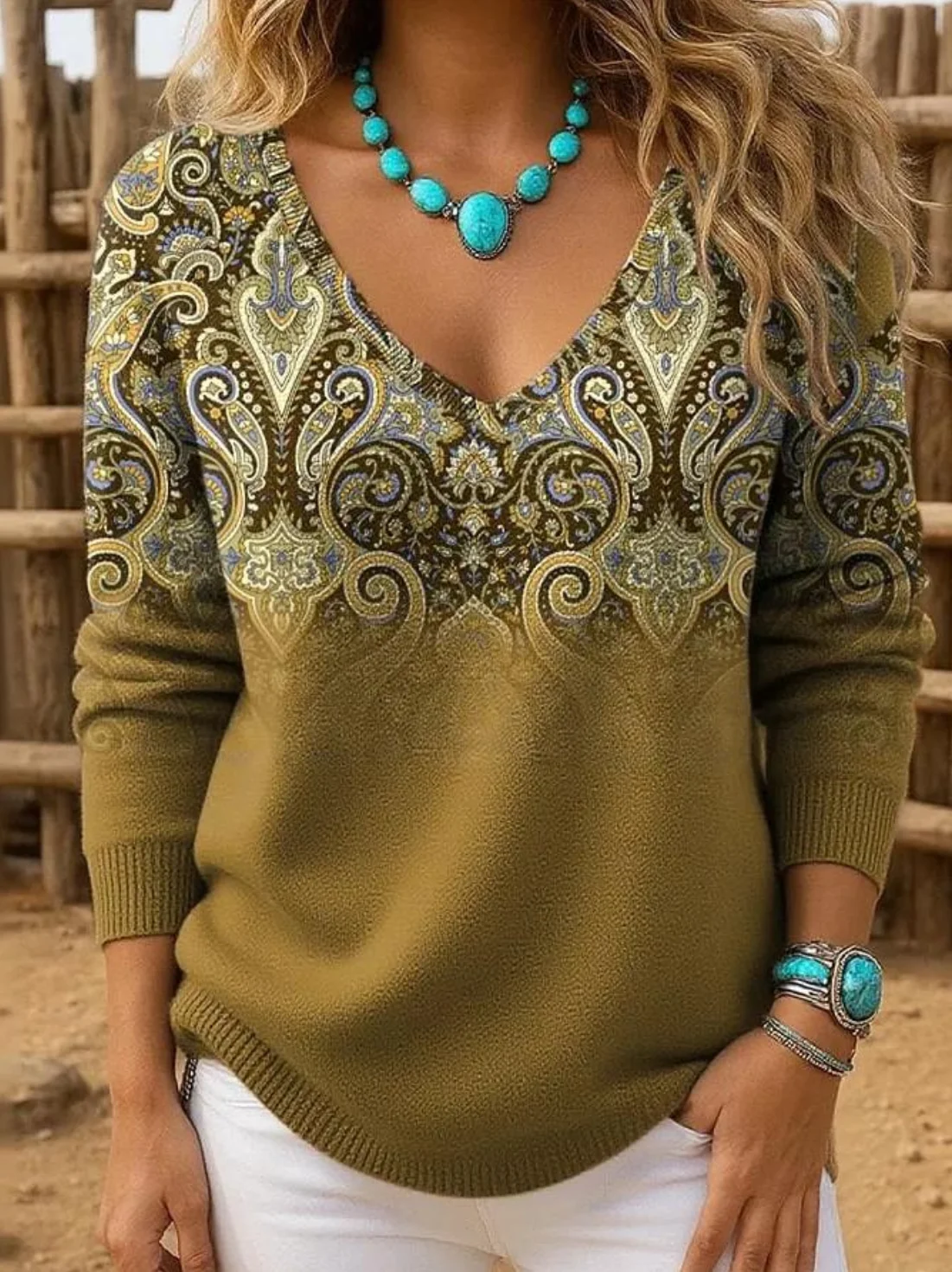 Wild West V Neck Loose Simple Knit Top
