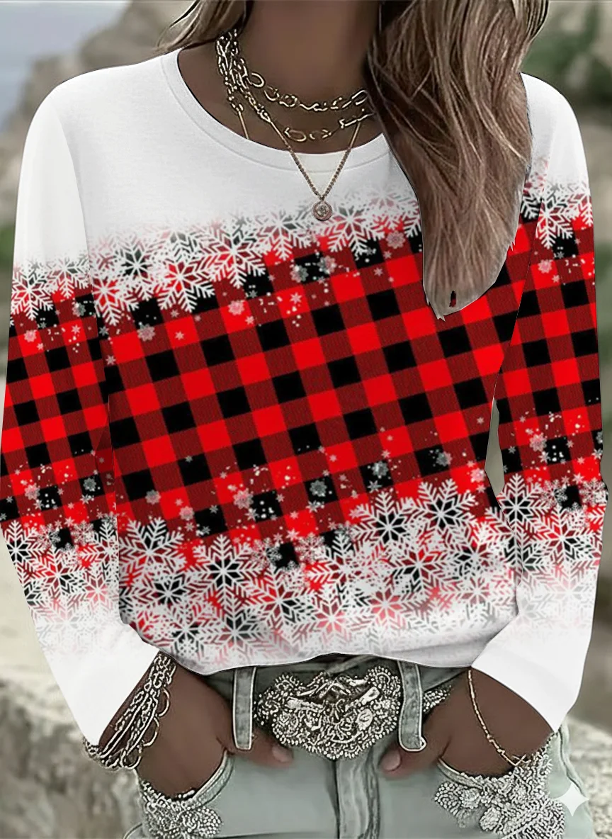 Casual Plaid Crew Neck Long Sleeve T-shirt