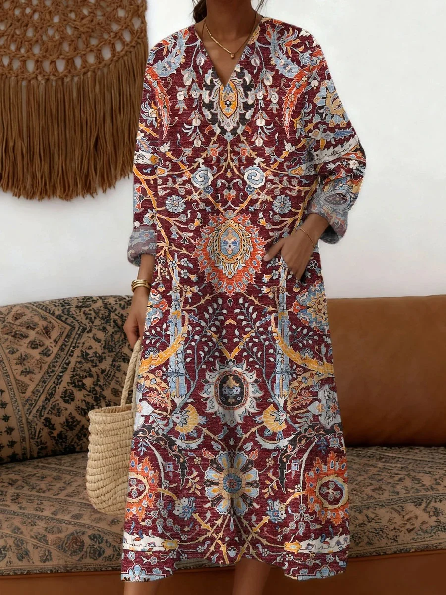 Women Geometric Spring/Fall Dress V Neck Long Sleeve A-Line Dress