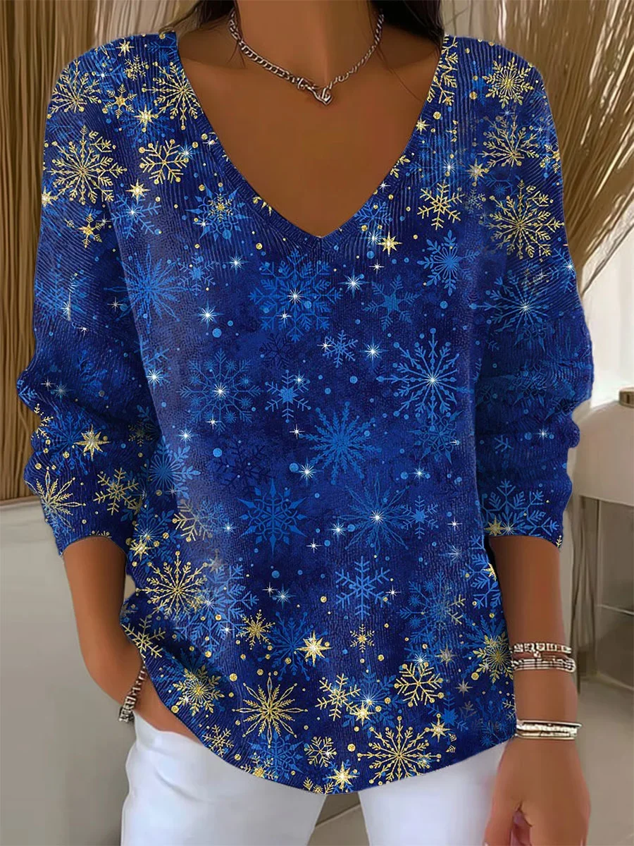 Casual Christmas V Neck Long Sleeve T-shirt