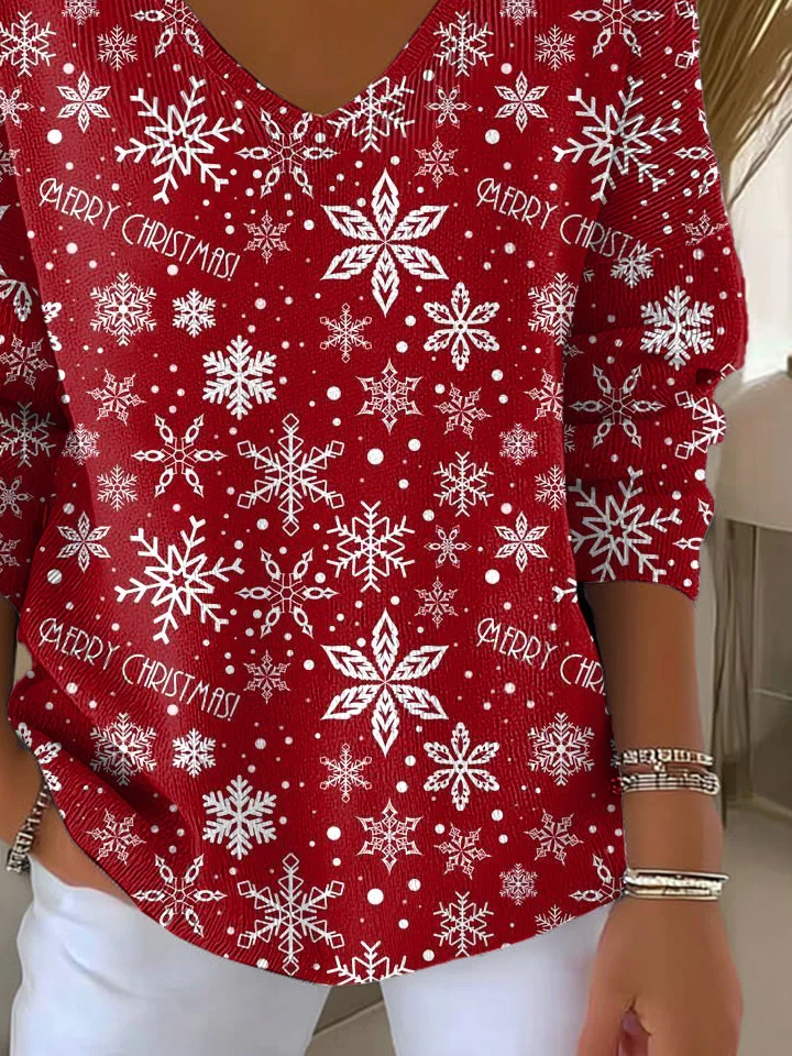Casual Christmas V Neck Long Sleeve T-shirt