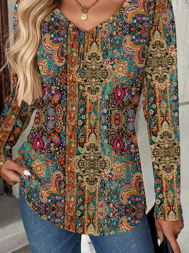 Casual Floral V Neck Long Sleeve T-shirt