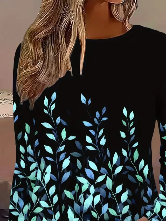 Casual Leaf Crew Neck Long Sleeve T-shirt