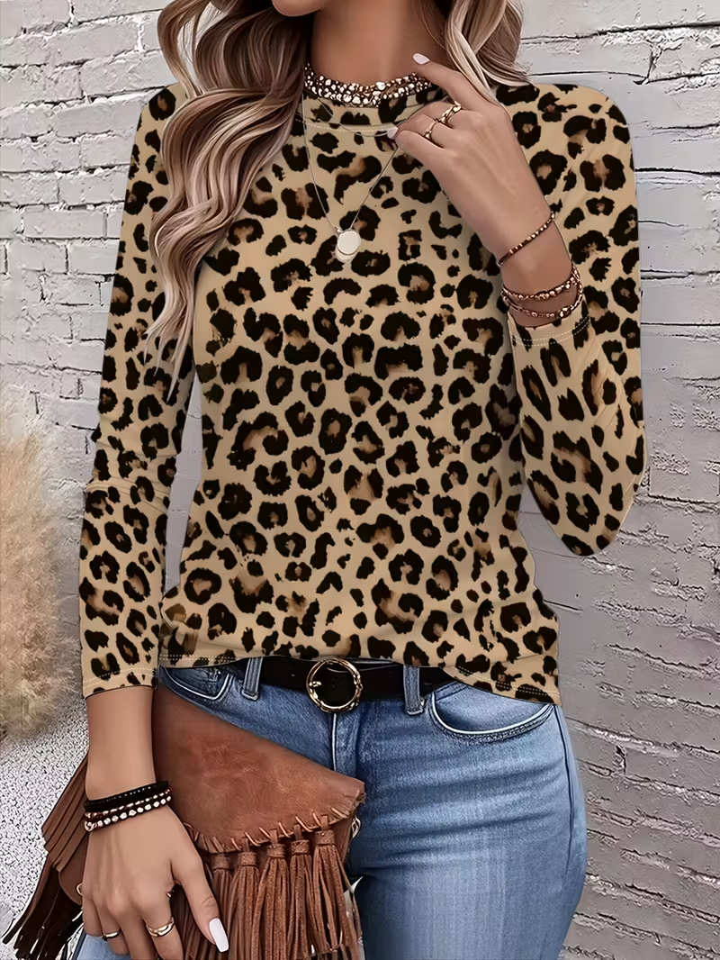 Casual Leopard Crew Neck Long Sleeve T-shirt