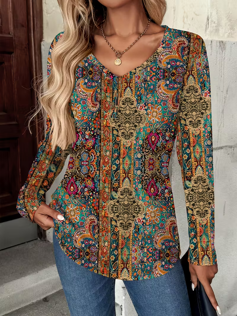 Casual Floral V Neck Long Sleeve T-shirt