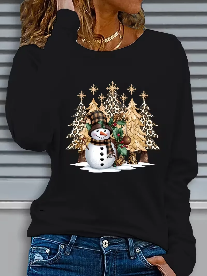 Casual Christmas Snowman Crew Neck Long Sleeve T-shirt