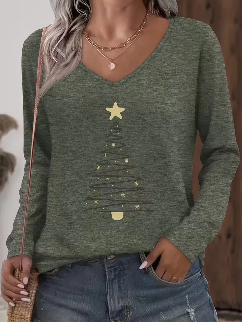 Casual Christmas V Neck Long Sleeve T-shirt