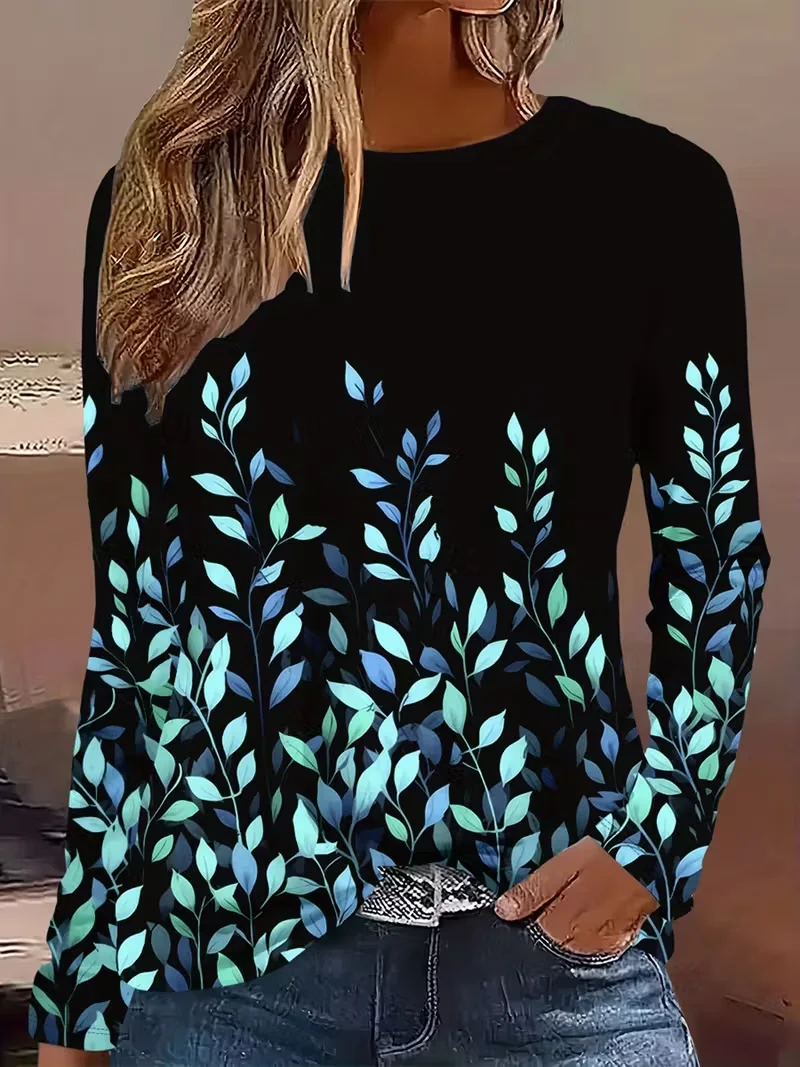 Casual Leaf Crew Neck Long Sleeve T-shirt
