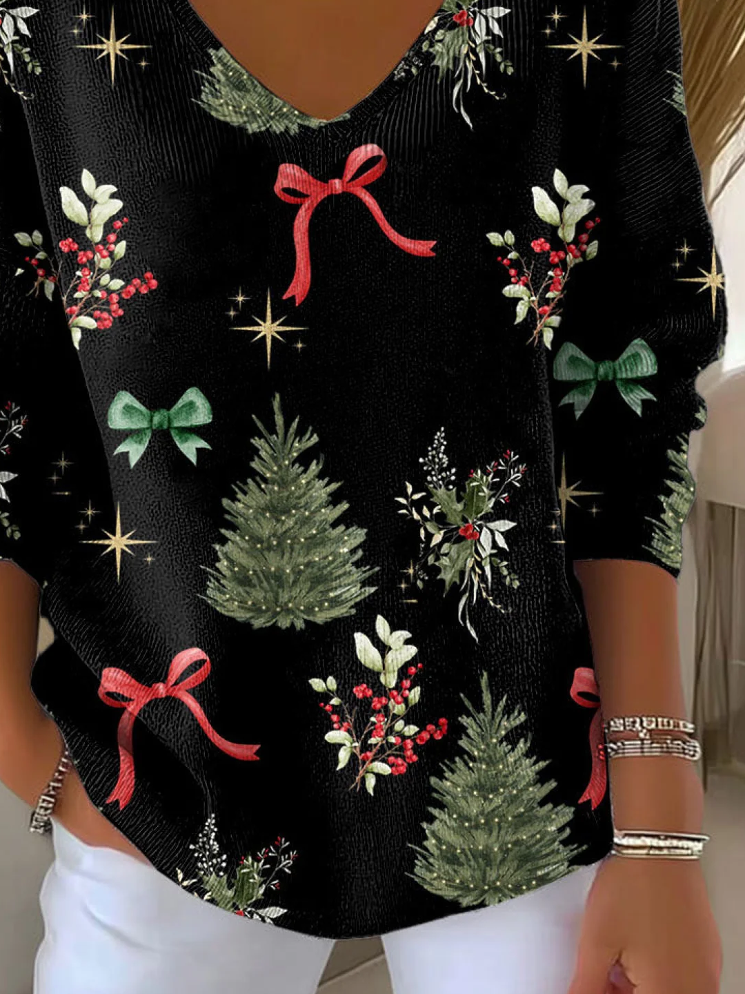 Casual Christmas V Neck Long Sleeve T-shirt