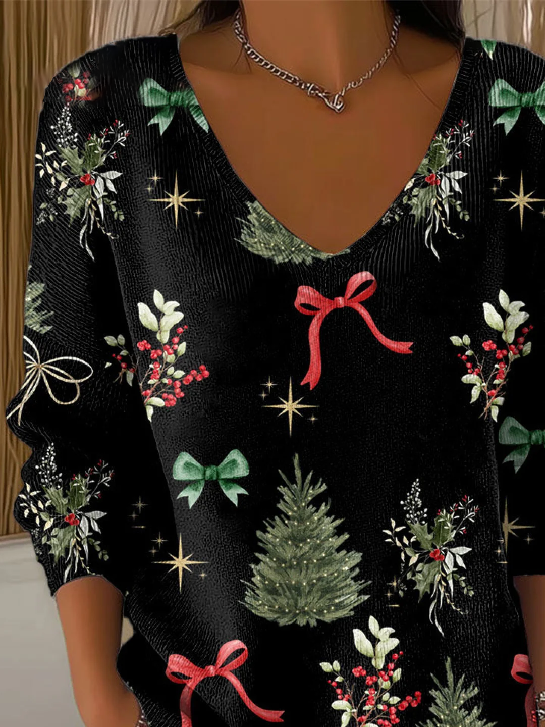 Casual Christmas V Neck Long Sleeve T-shirt