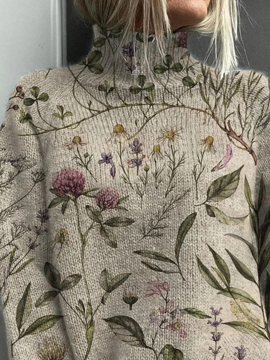 Women Floral Long Sleeve Comfy Vintage Printing Sweater