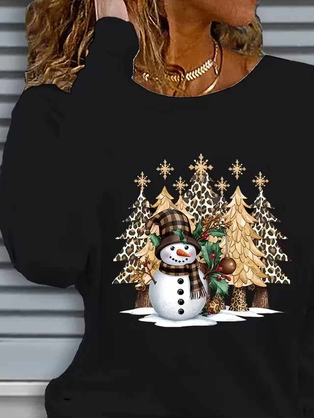 Casual Christmas Snowman Crew Neck Long Sleeve T-shirt