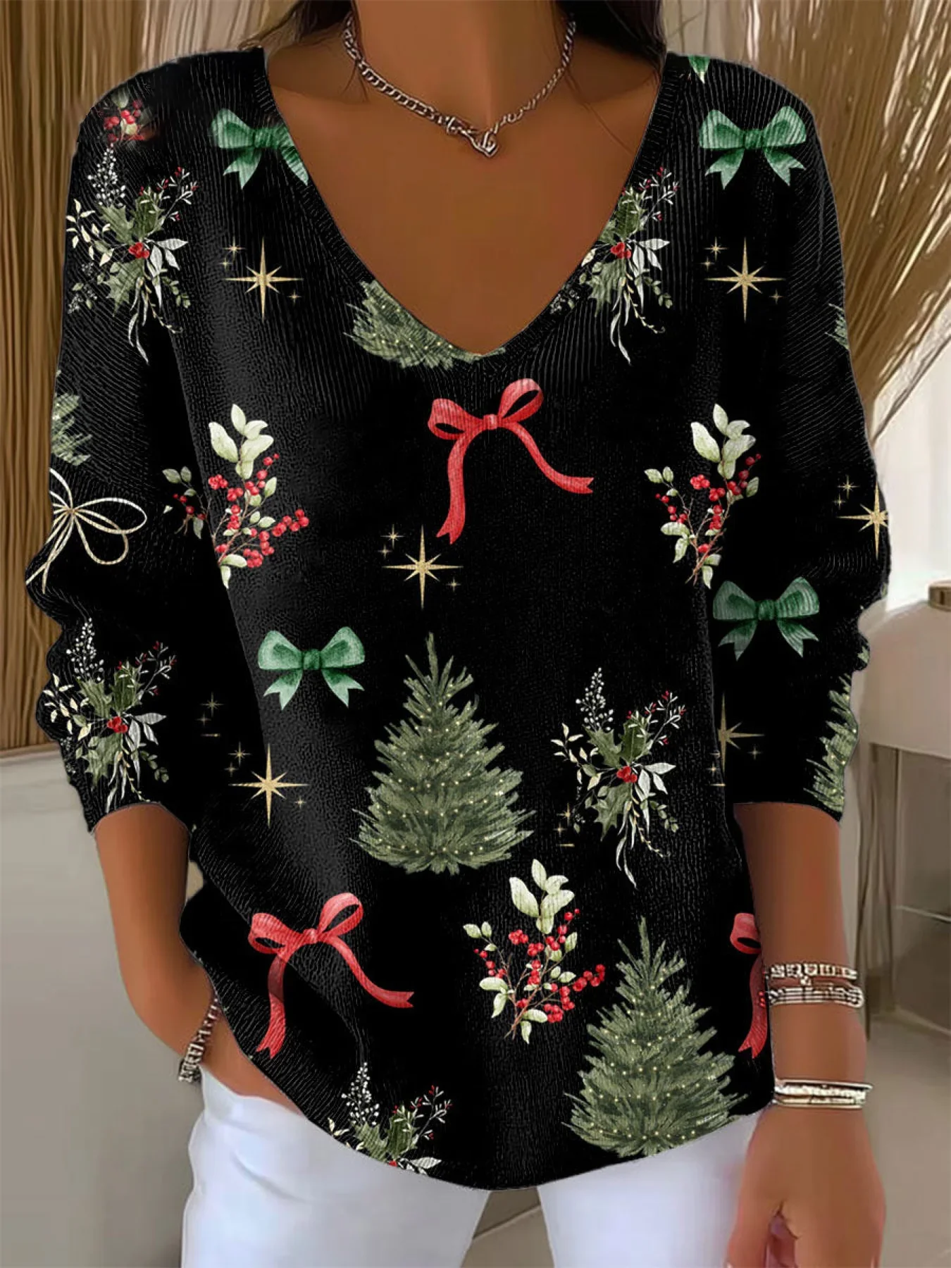 Casual Christmas V Neck Long Sleeve T-shirt
