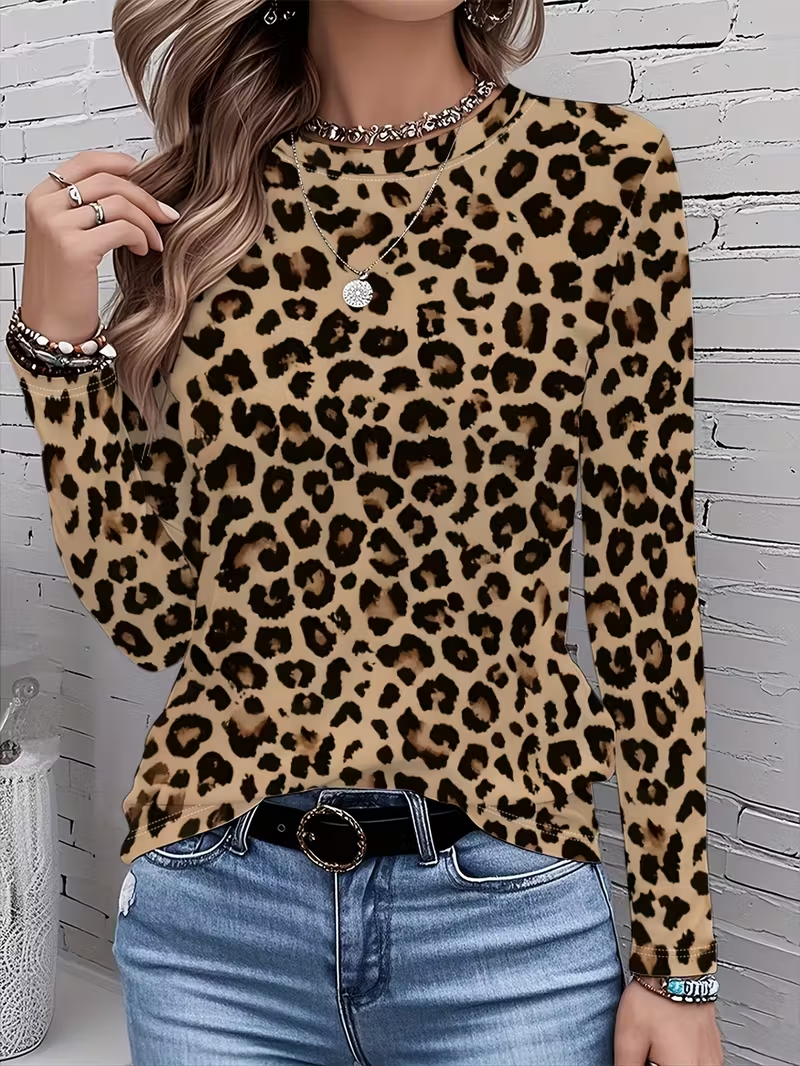 Casual Leopard Crew Neck Long Sleeve T-shirt